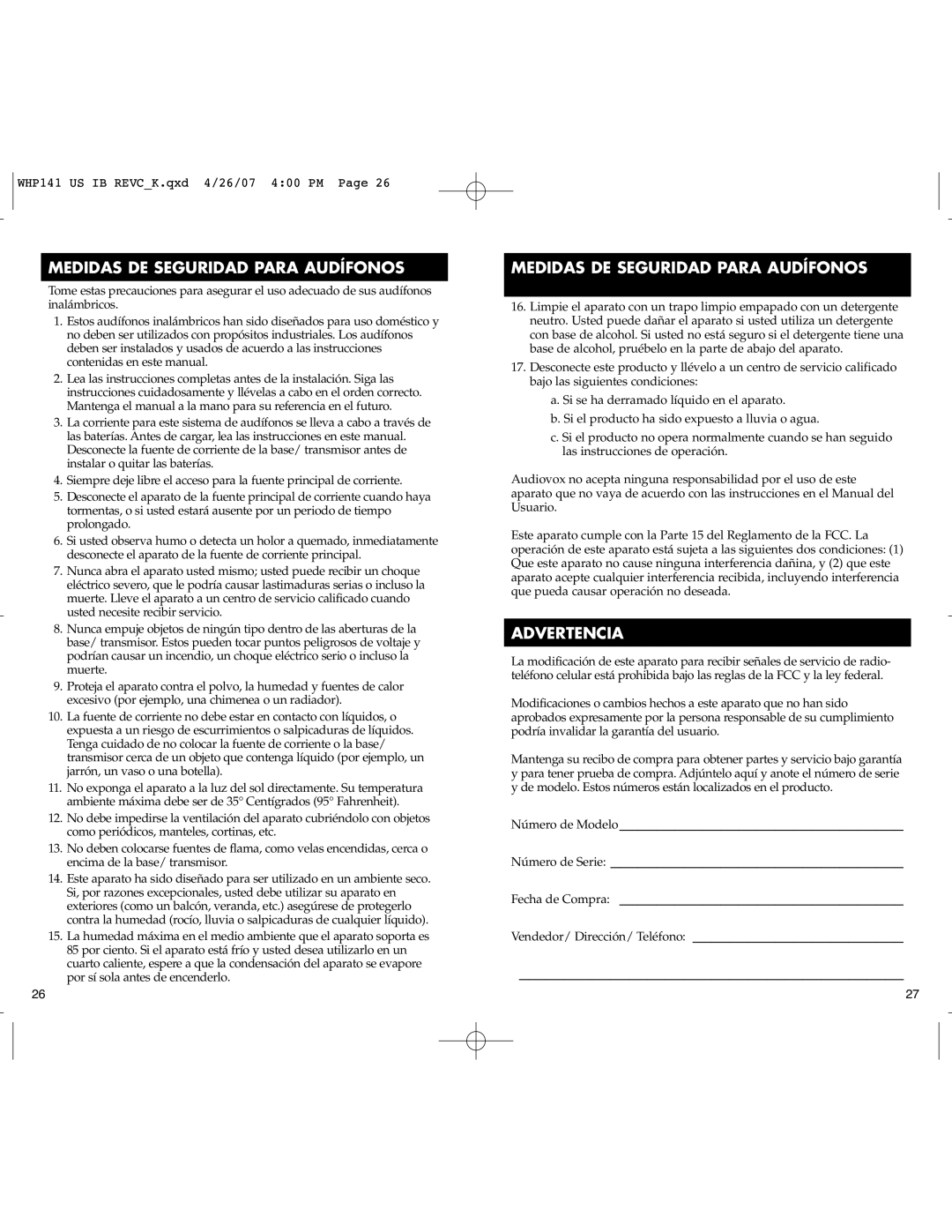 RCA WHP141 manual Medidas DE Seguridad Para Audífonos, Advertencia 