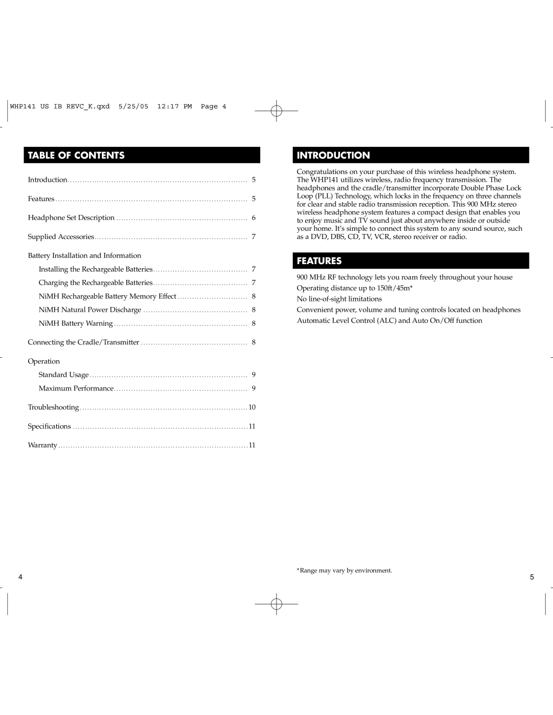 RCA WHP141 manual Table of Contents, Introduction, Features 