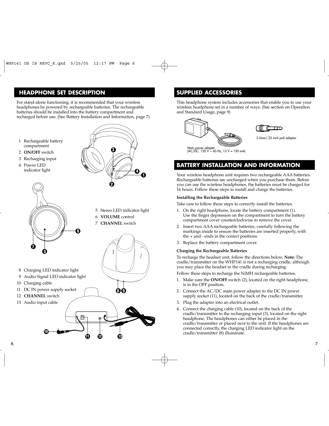 RCA WHP141 manual HEADPHONE SET Description, Supplied Accessories, Battery Installation and Information 