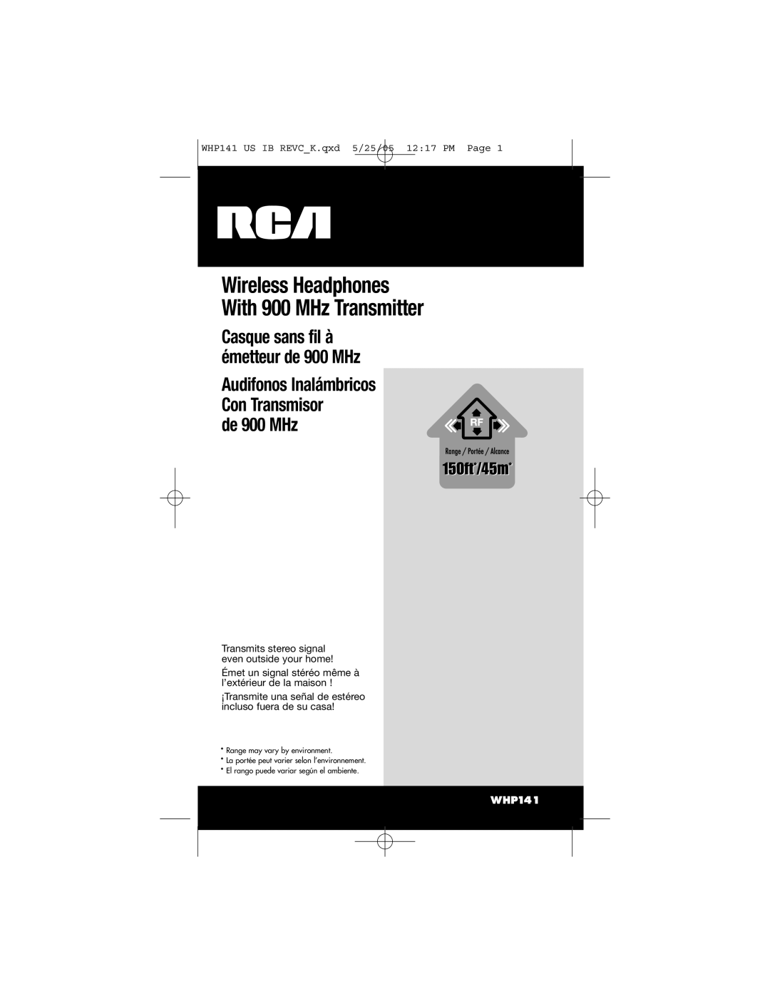 RCA WHP141 manual Wireless Headphones With 900 MHz Transmitter, Casque sans fil à émetteur de 900 MHz 