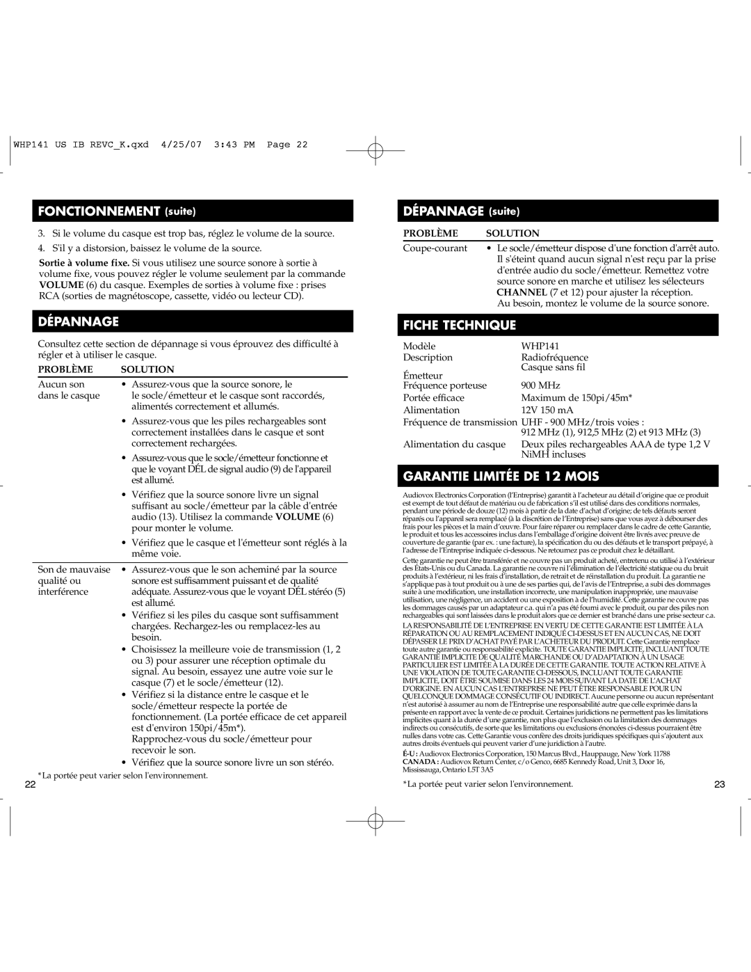 RCA WHP141 manual FONCTIONNEMENT suite, Dépannage, DÉPANNAGE suite, Fiche Technique, GARANTIE LIMITÉE DE 12 MOIS, Problème 