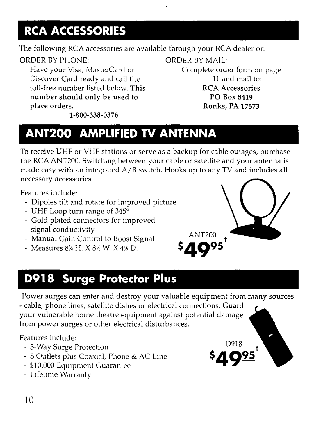 RCA WHP150 manual $4995, Rca Accessories, ANT200 AMPLIFIED TV ANTENNA, D918 Surge Protector Plus 