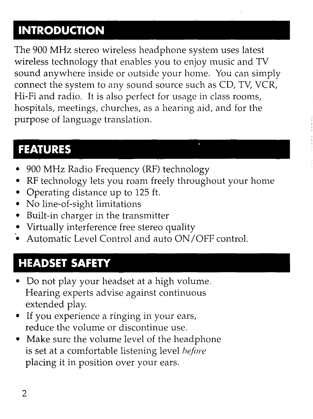 RCA WHP150 manual Introduction, Features, Headset Safety 