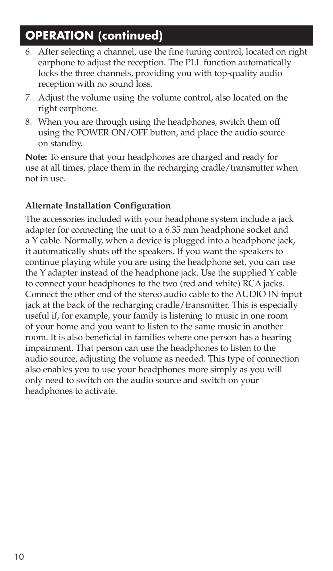 RCA WHP175, WHP170 manual Operation, Alternate Installation Configuration 