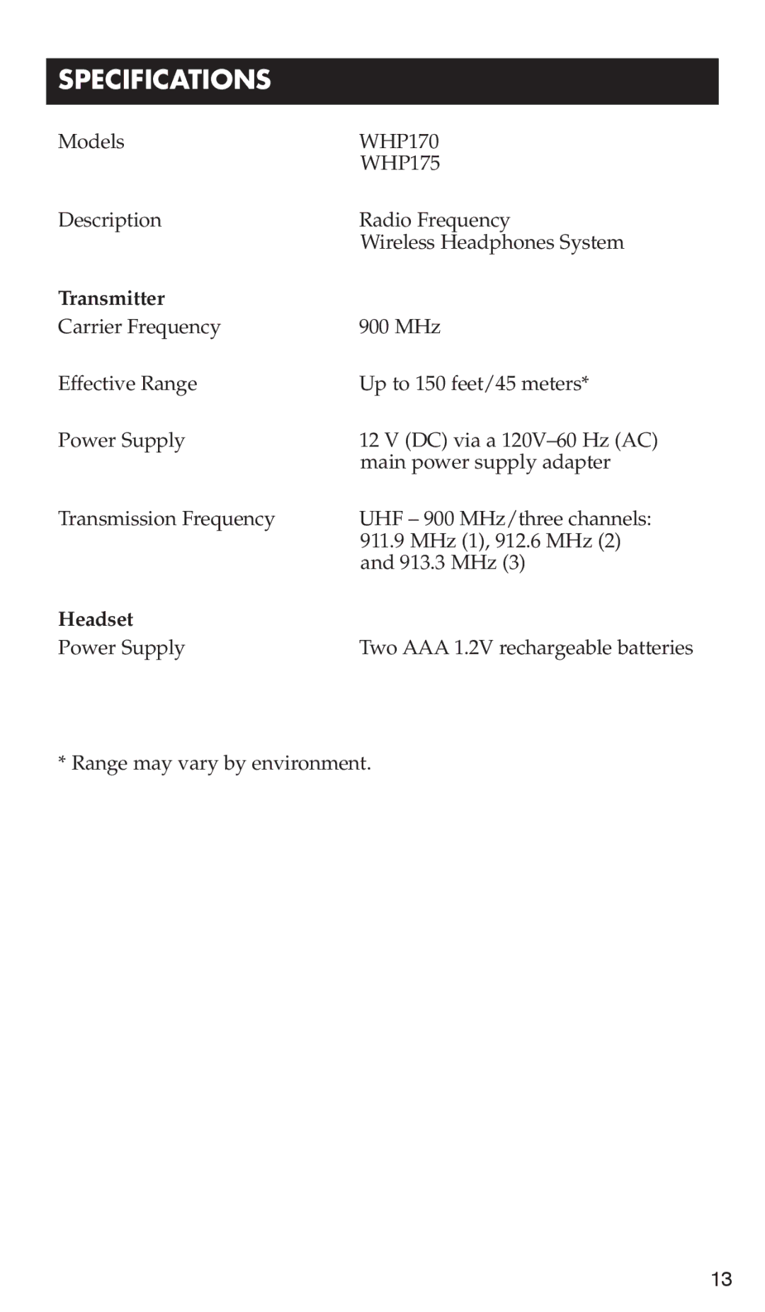 RCA WHP170, WHP175 manual Specifications, Transmitter, Headset 