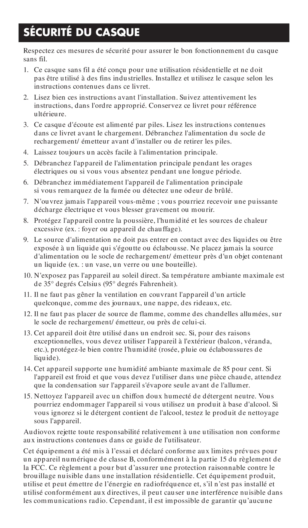 RCA WHP175, WHP170 manual Sécurité DU Casque 