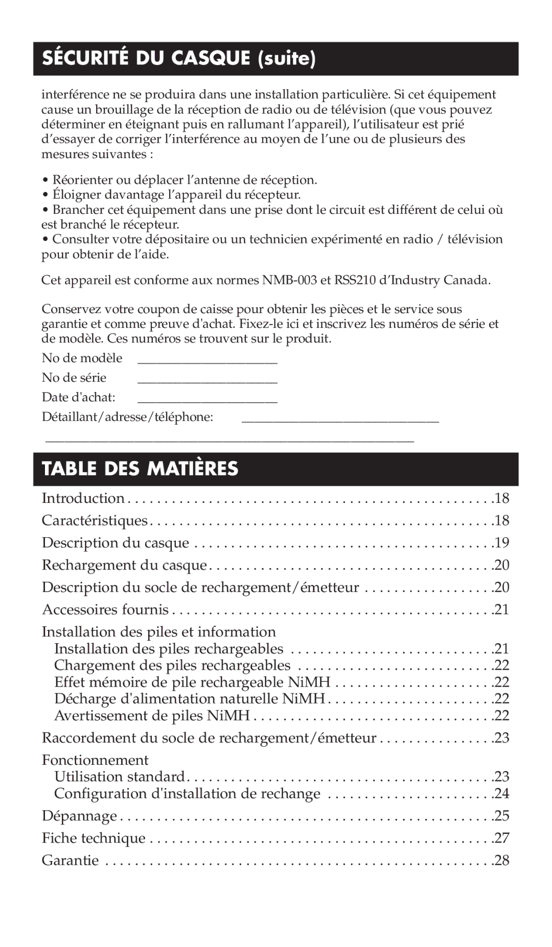 RCA WHP170, WHP175 manual Sécurité DU Casque suite, Table DES Matières 