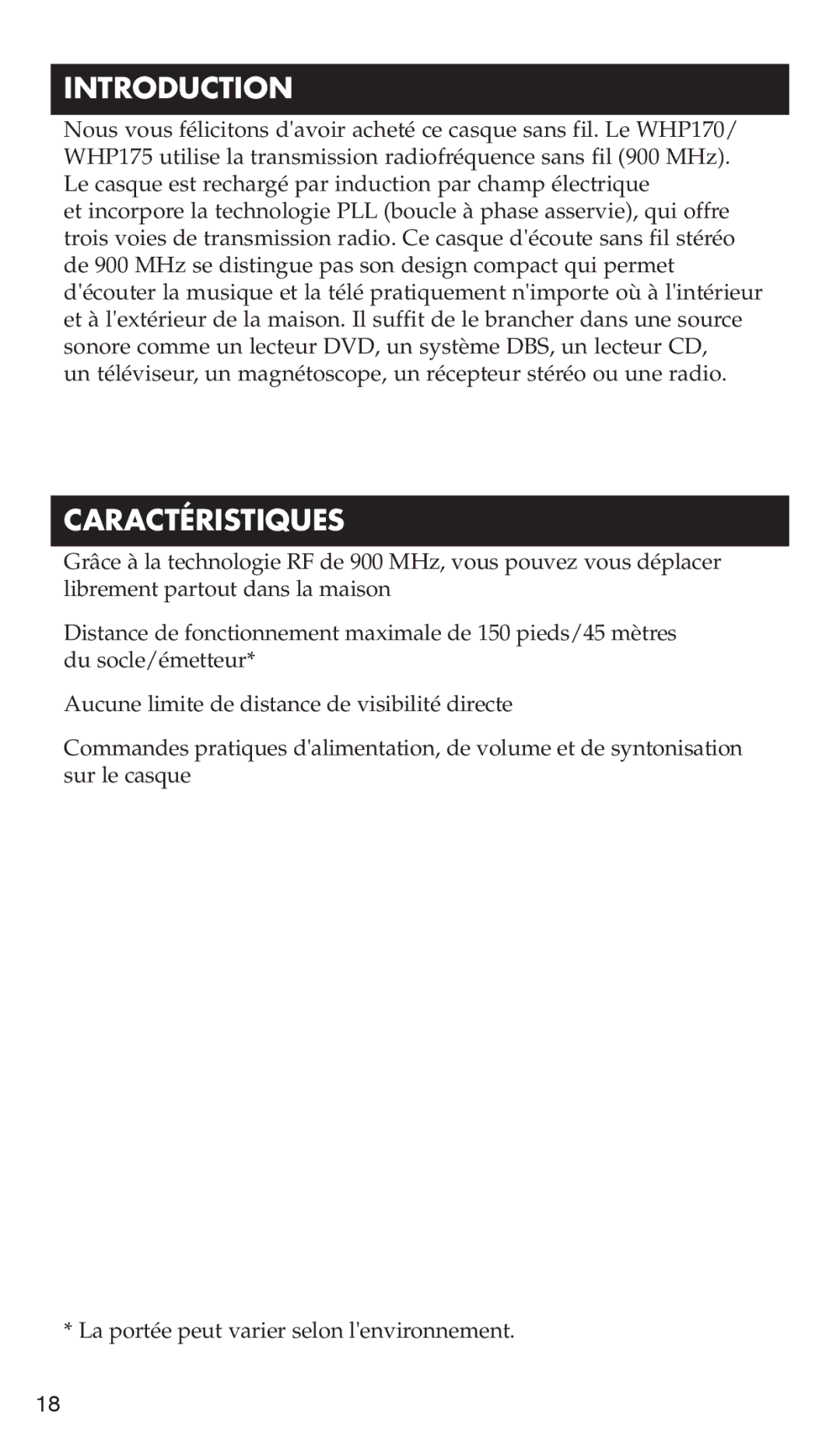 RCA WHP175, WHP170 manual Introduction, Caractéristiques 