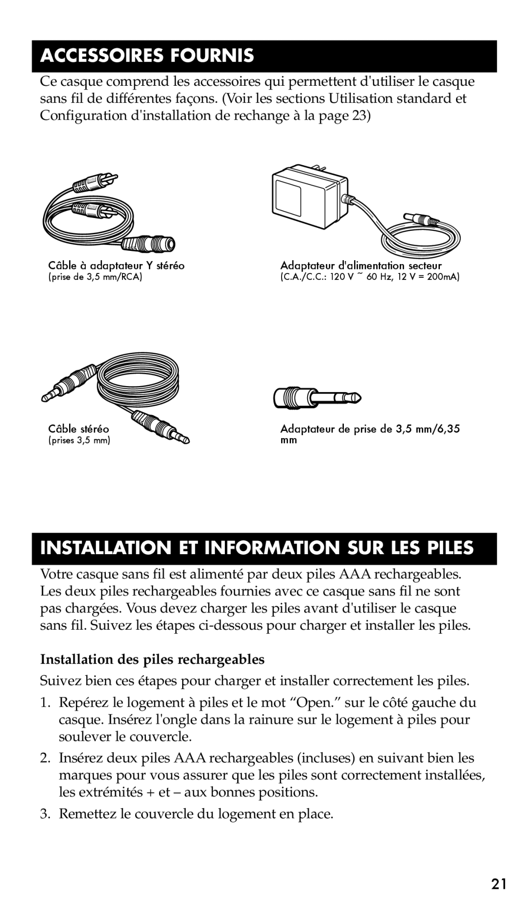 RCA WHP170, WHP175 Accessoires Fournis, Installation ET Information SUR LES Piles, Installation des piles rechargeables 