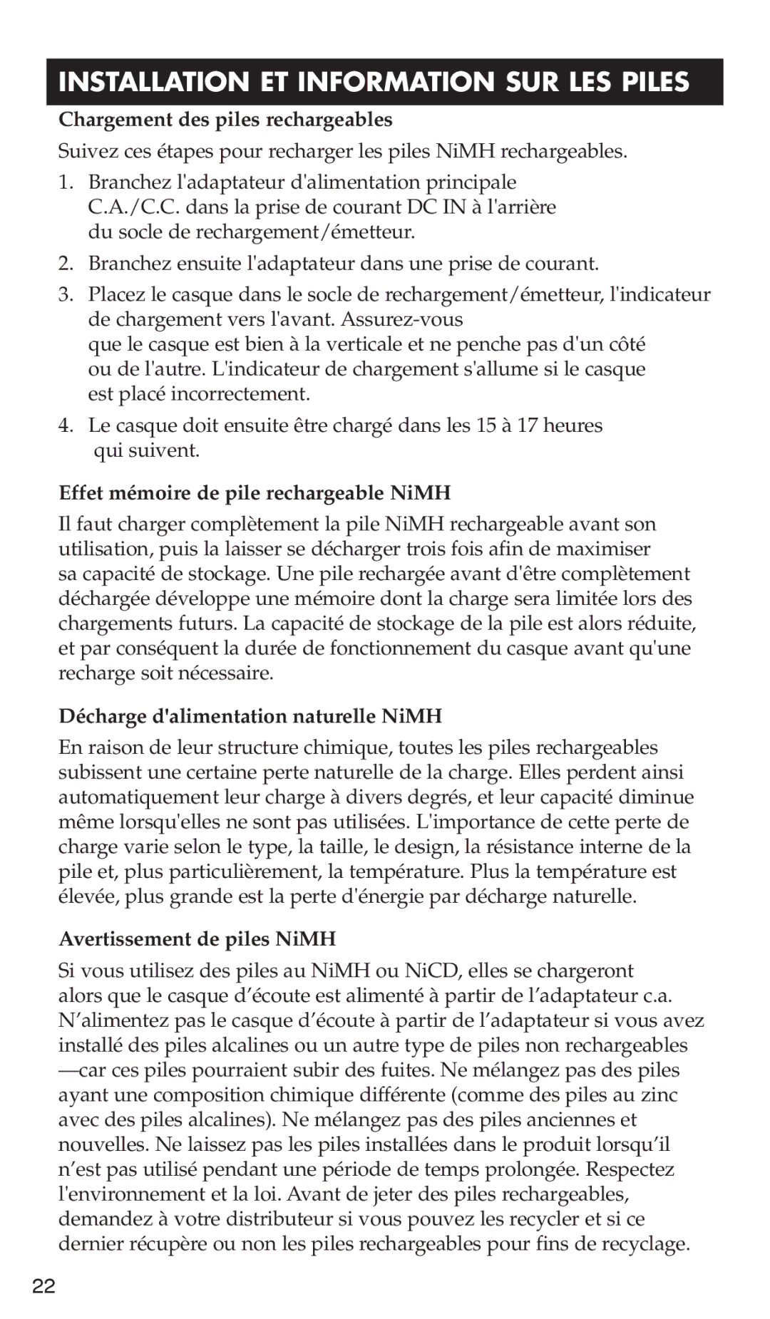 RCA WHP175 manual Chargement des piles rechargeables, Effet mémoire de pile rechargeable NiMH, Avertissement de piles NiMH 