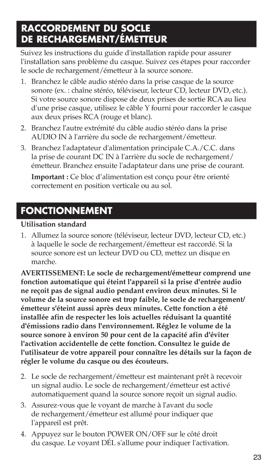 RCA WHP170, WHP175 manual Raccordement DU Socle DE RECHARGEMENT/ÉMETTEUR, Fonctionnement, Utilisation standard 