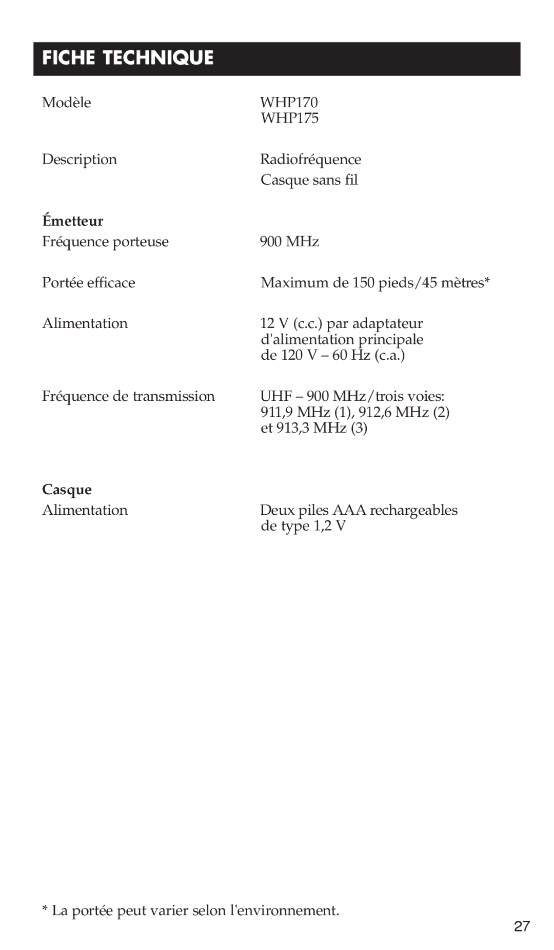 RCA WHP170, WHP175 manual Fiche Technique, Émetteur, Casque 