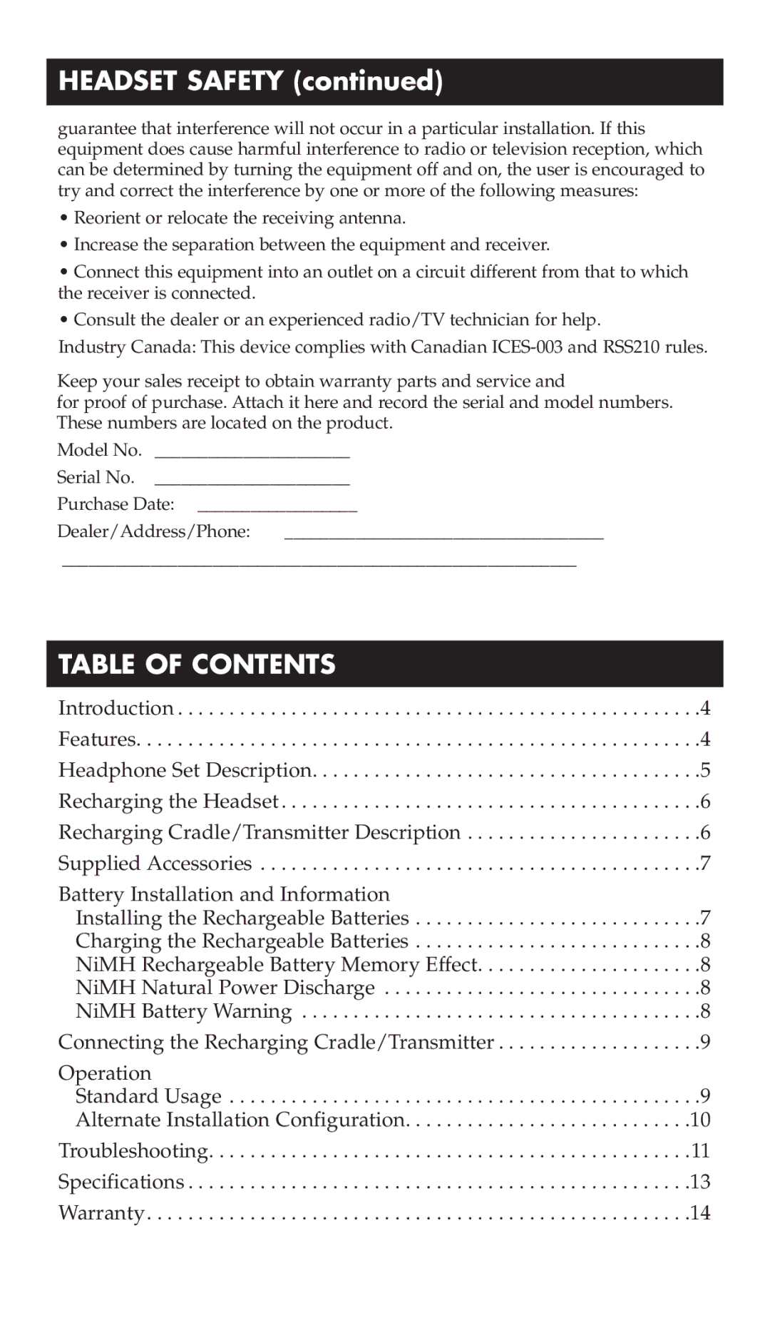 RCA WHP170, WHP175 manual Table of Contents 