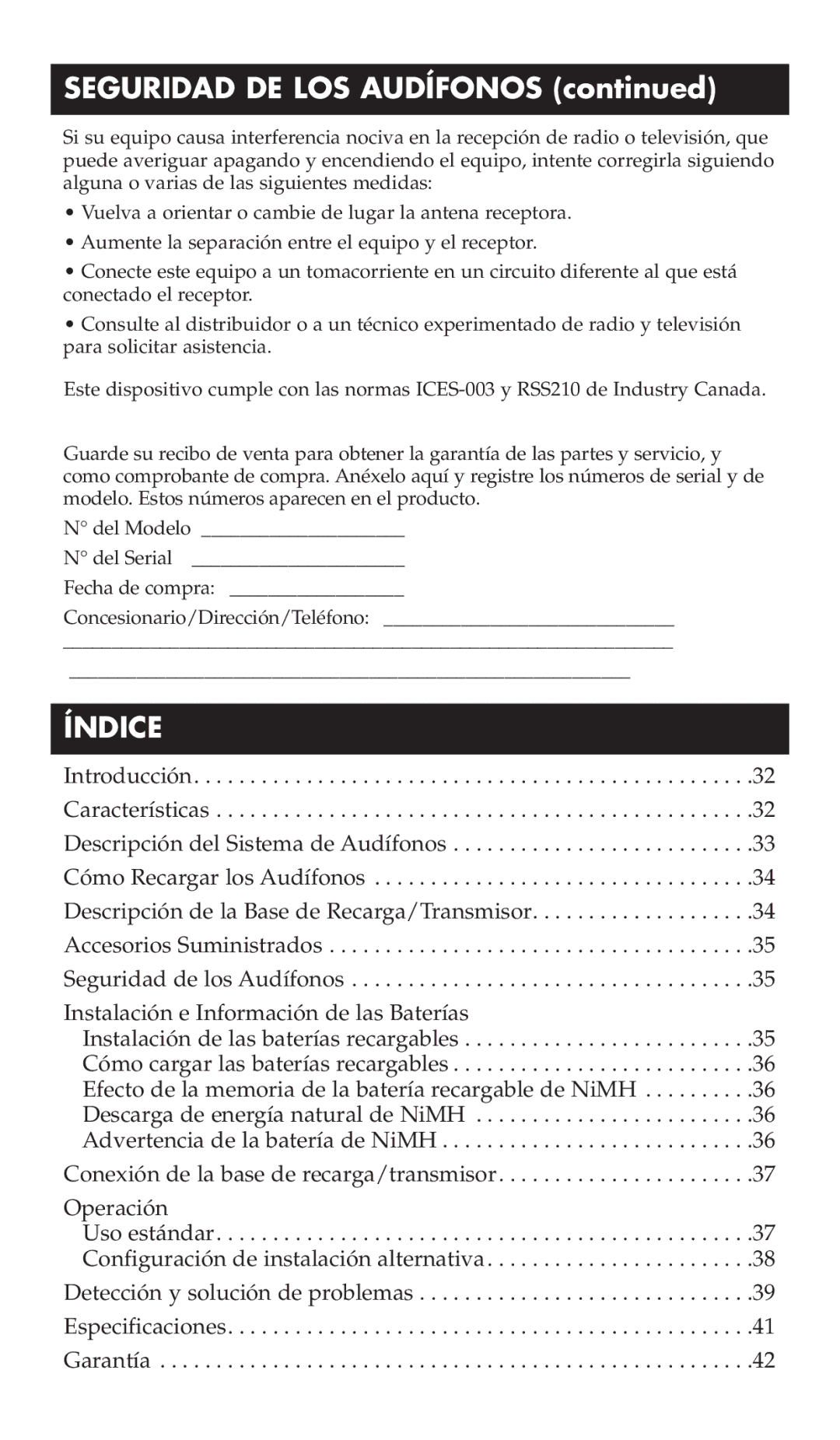 RCA WHP170, WHP175 manual Seguridad DE LOS Audífonos, Índice 