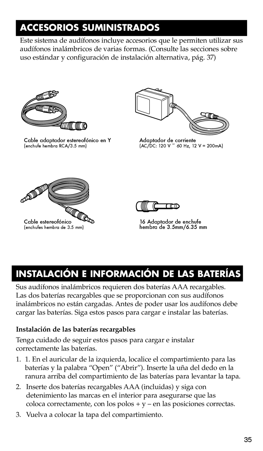 RCA WHP170 Accesorios Suministrados, Instalación E Información DE LAS Baterías, Instalación de las baterías recargables 