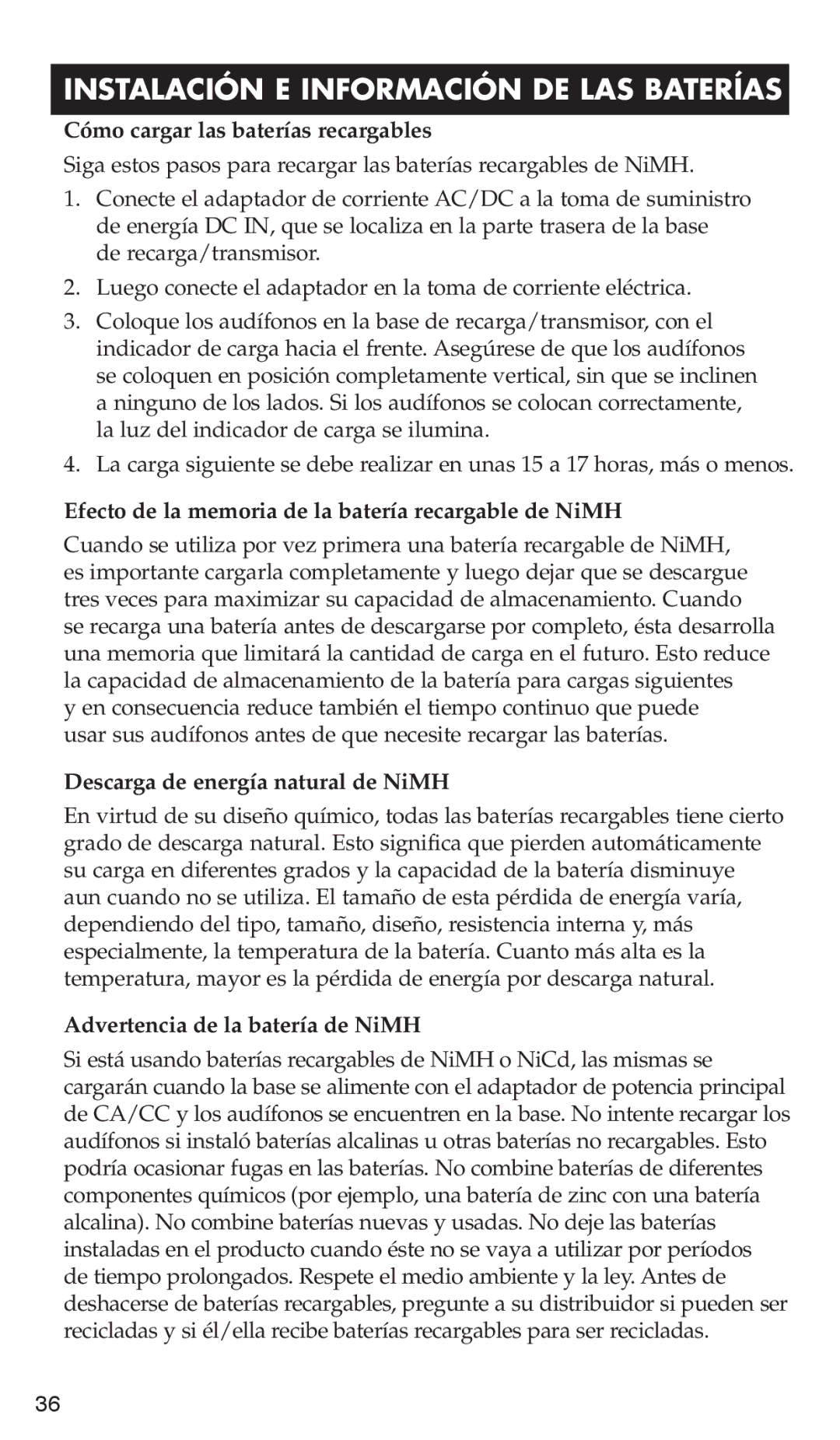 RCA WHP175, WHP170 manual Cómo cargar las baterías recargables, Efecto de la memoria de la batería recargable de NiMH 