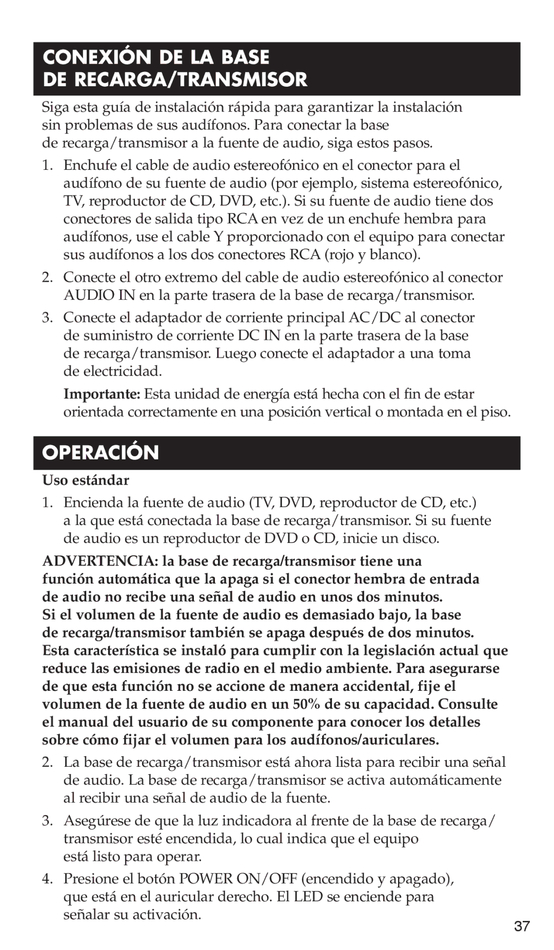 RCA WHP170, WHP175 manual Conexión DE LA Base DE RECARGA/TRANSMISOR, Operación, Uso estándar 