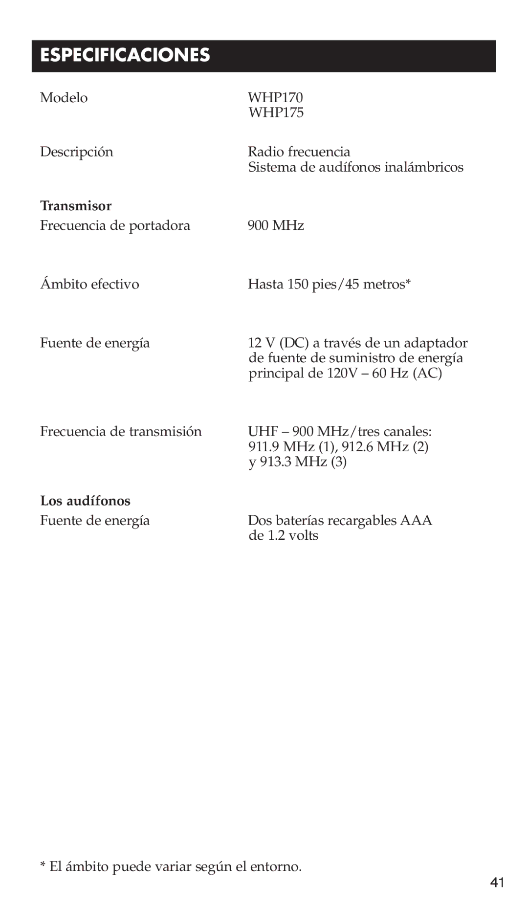 RCA WHP170, WHP175 manual Especificaciones, Transmisor, Los audífonos 