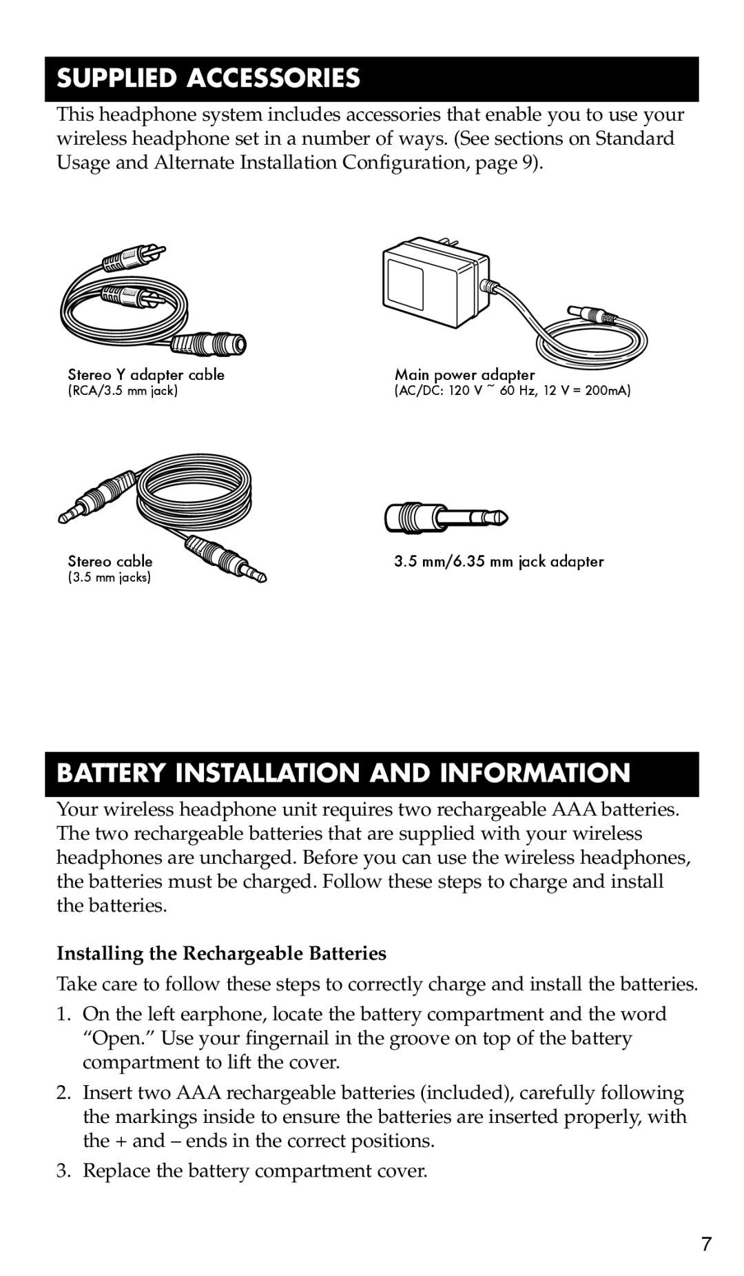 RCA WHP170, WHP175 manual Supplied Accessories, Battery Installation and Information, Installing the Rechargeable Batteries 