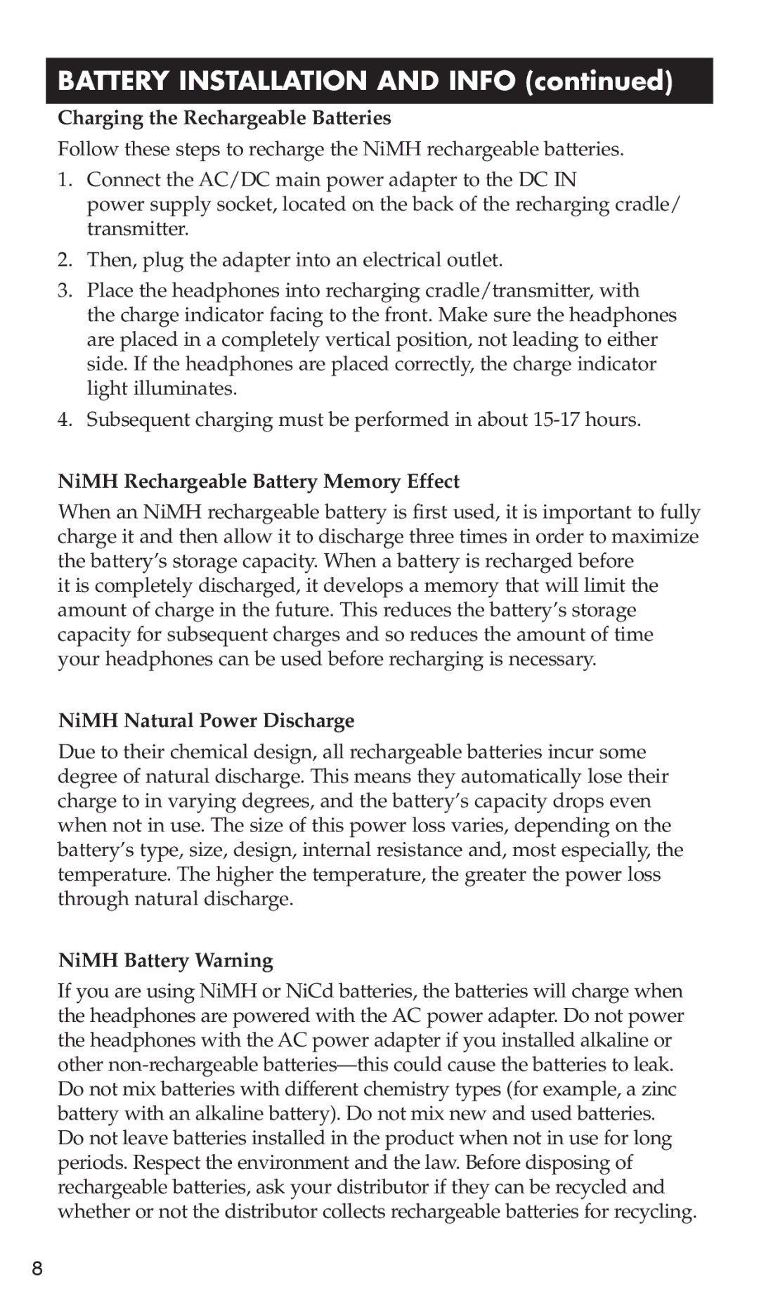 RCA WHP175 Battery Installation and Info, Charging the Rechargeable Batteries, NiMH Rechargeable Battery Memory Effect 