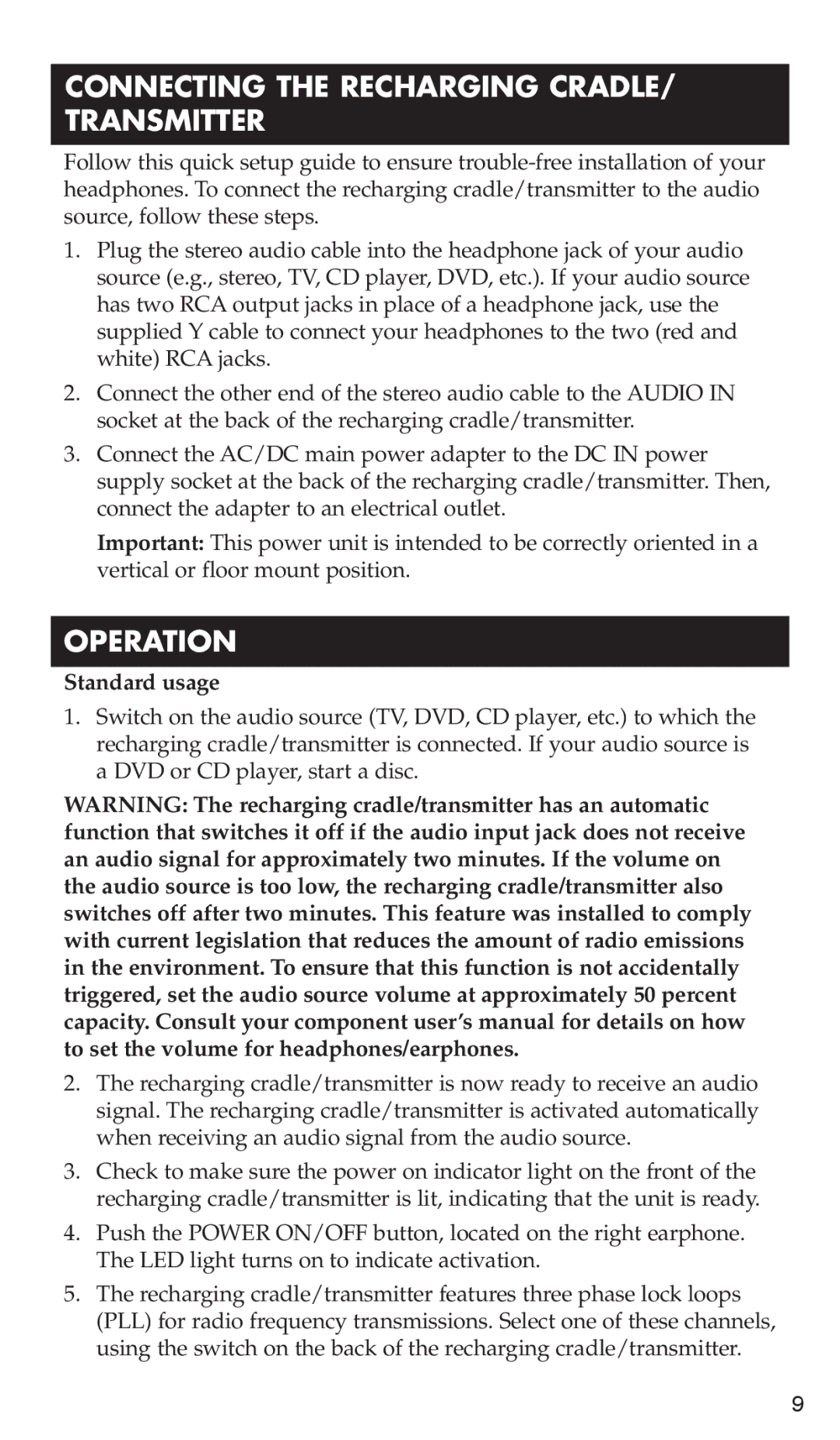 RCA WHP170, WHP175 manual Connecting the Recharging CRADLE/ Transmitter, Operation, Standard usage 