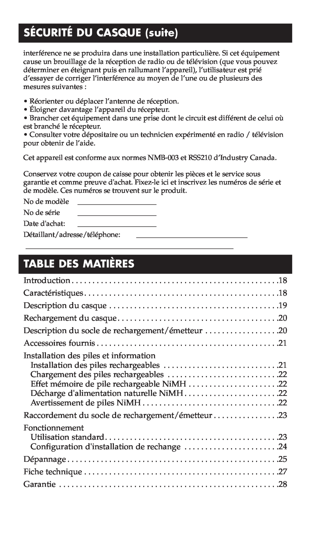 RCA WHP170, WHP175 manual SÉCURITÉ DU CASQUE suite, Table Des Matières 