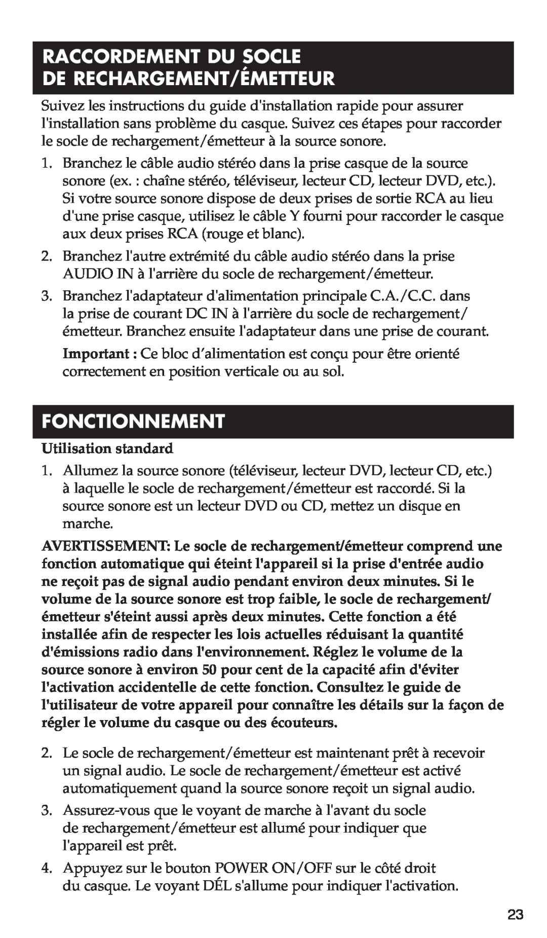 RCA WHP170, WHP175 manual Raccordement Du Socle De Rechargement/Émetteur, Fonctionnement, Utilisation standard 