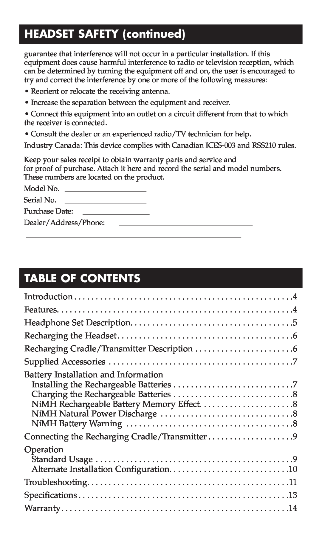 RCA WHP170, WHP175 manual HEADSET SAFETY continued, Table Of Contents 
