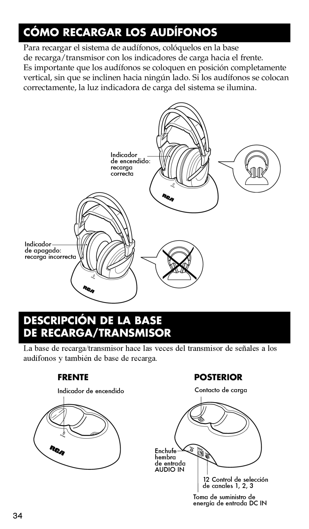 RCA WHP175, WHP170 manual Cómo Recargar Los Audífonos, Descripción De La Base De Recarga/Transmisor, Frente, Posterior 