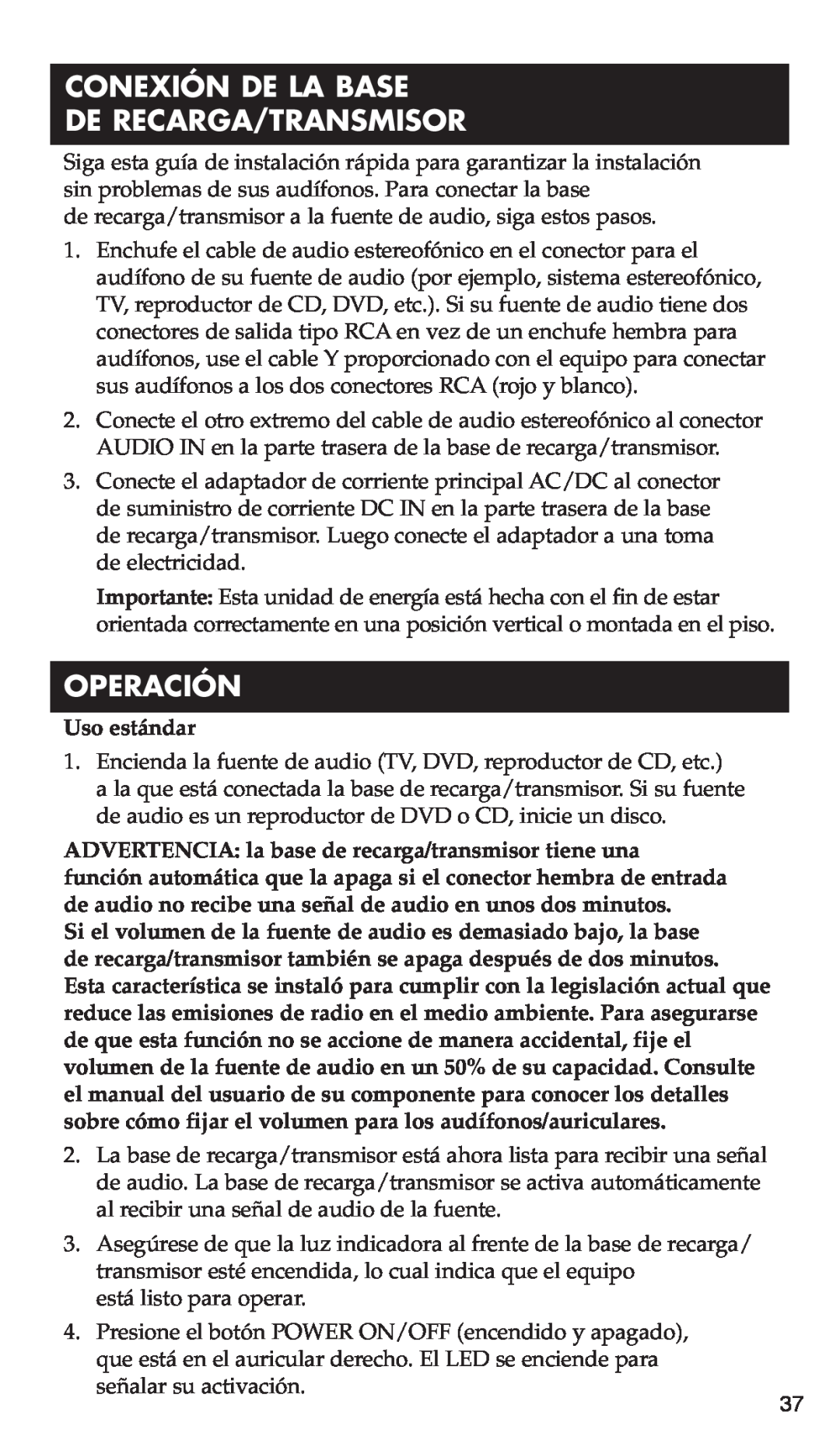 RCA WHP170, WHP175 manual Conexión De La Base De Recarga/Transmisor, Operación, Uso estándar 