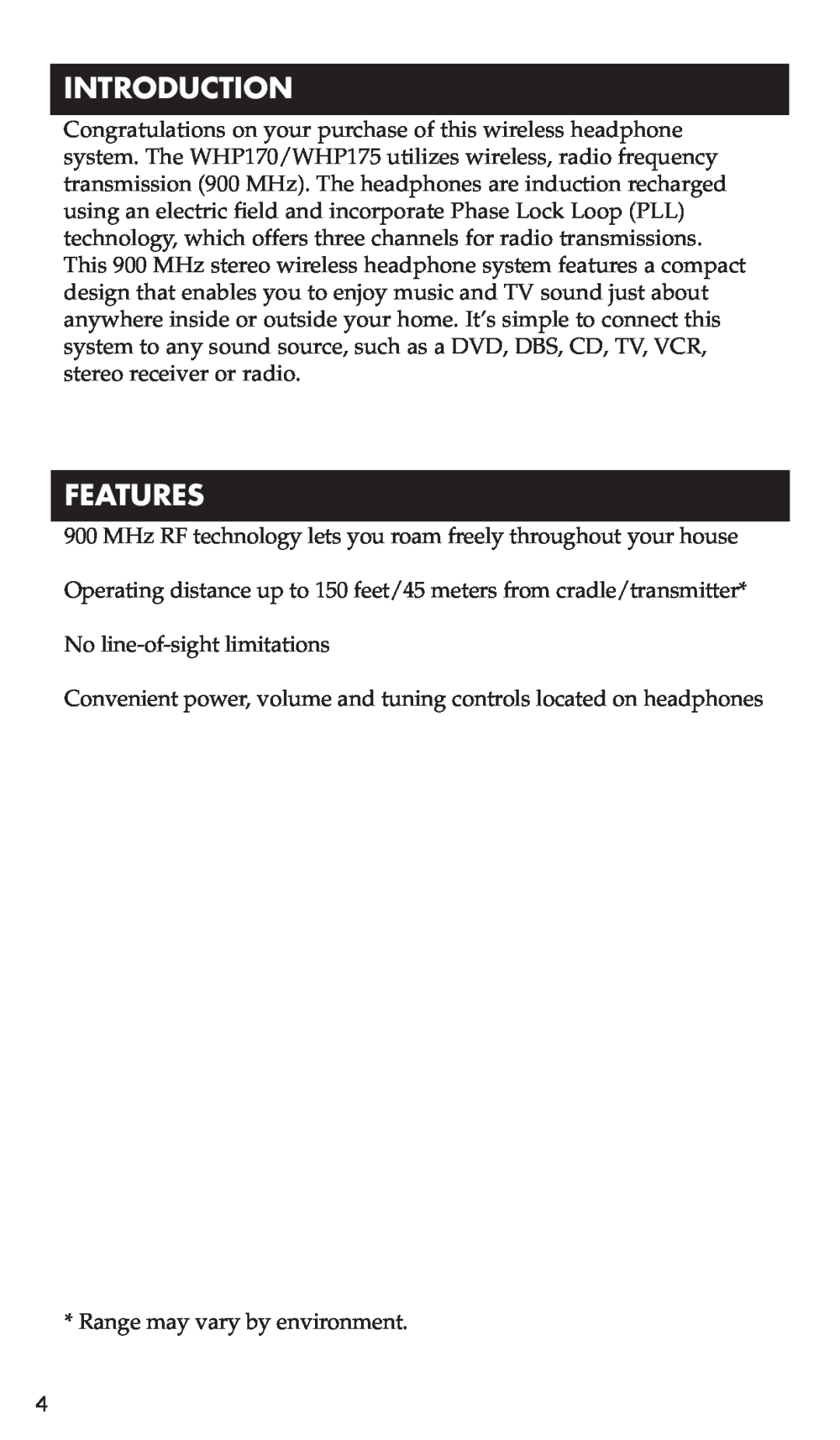 RCA WHP175, WHP170 manual Introduction, Features 