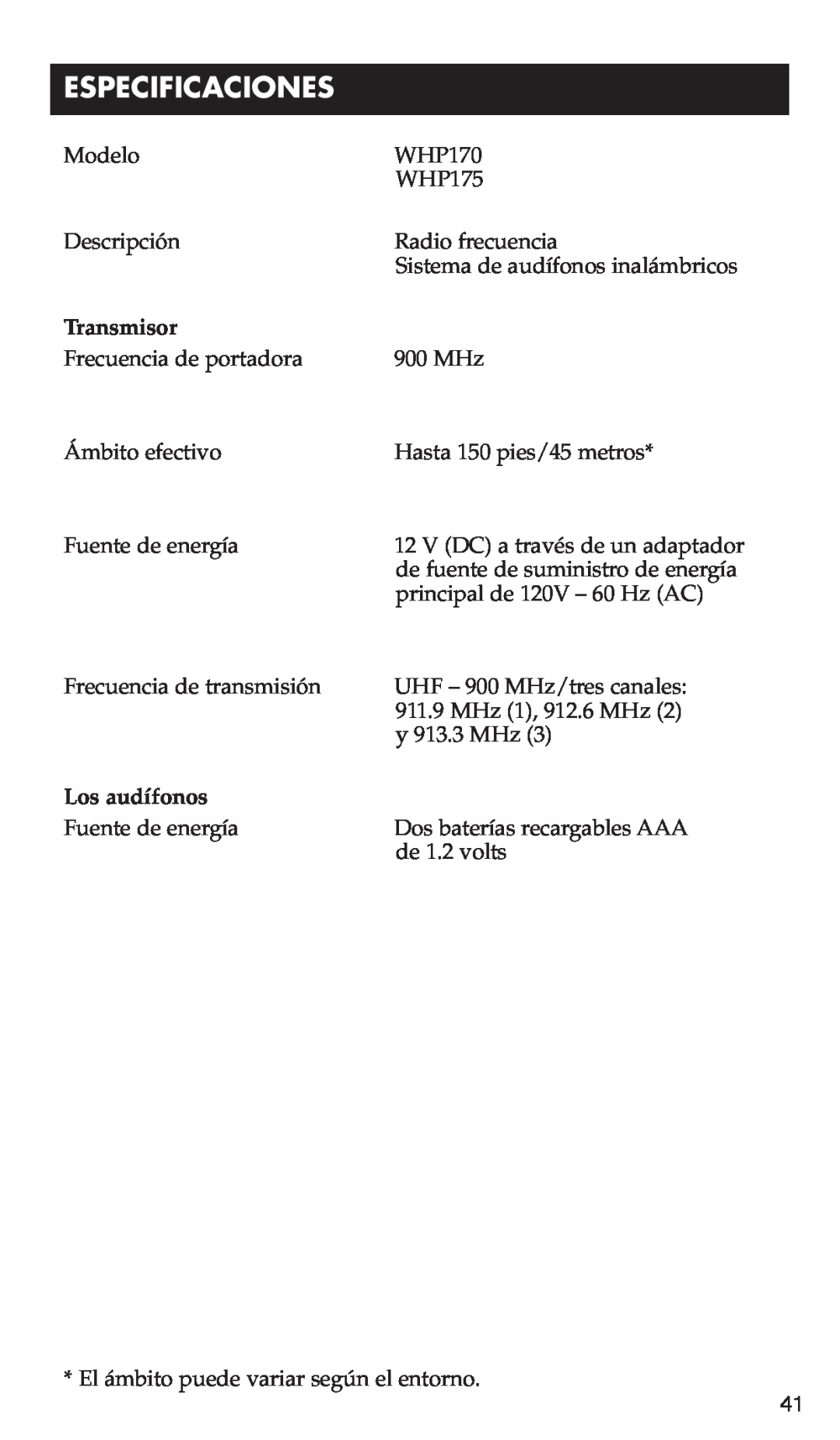 RCA WHP170, WHP175 manual Especificaciones, Transmisor, Los audífonos 