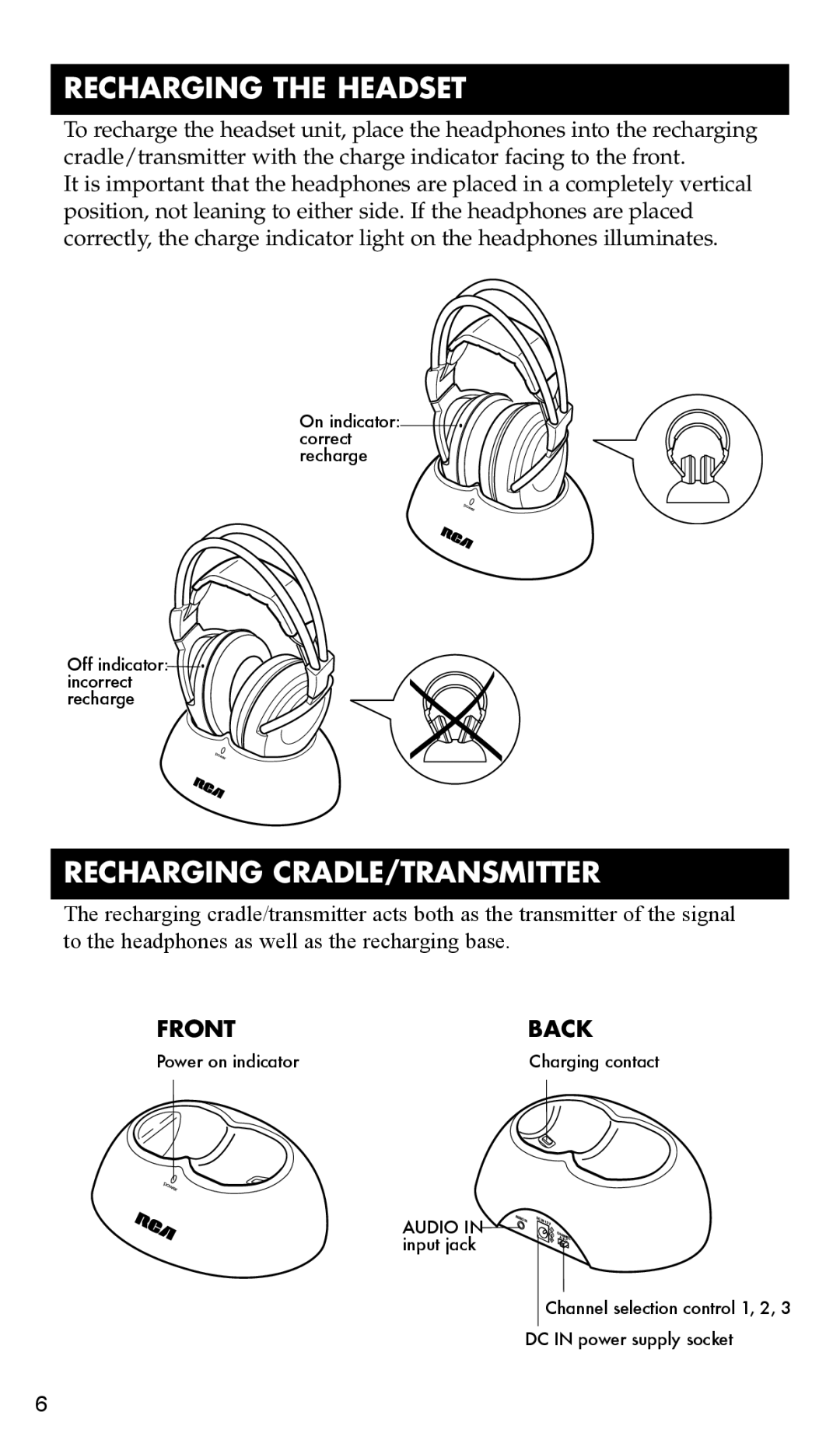 RCA WHP175, WHP170 manual Recharging The Headset, Recharging Cradle/Transmitter, Front, Back 
