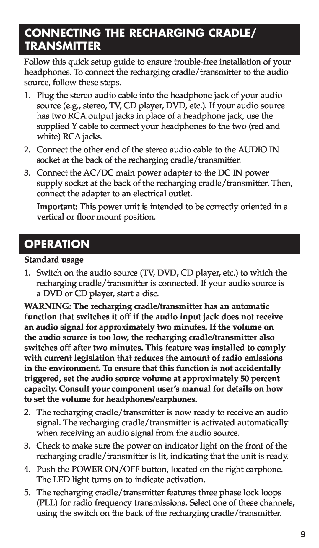 RCA WHP170, WHP175 manual Connecting The Recharging Cradle/ Transmitter, Operation, Standard usage 