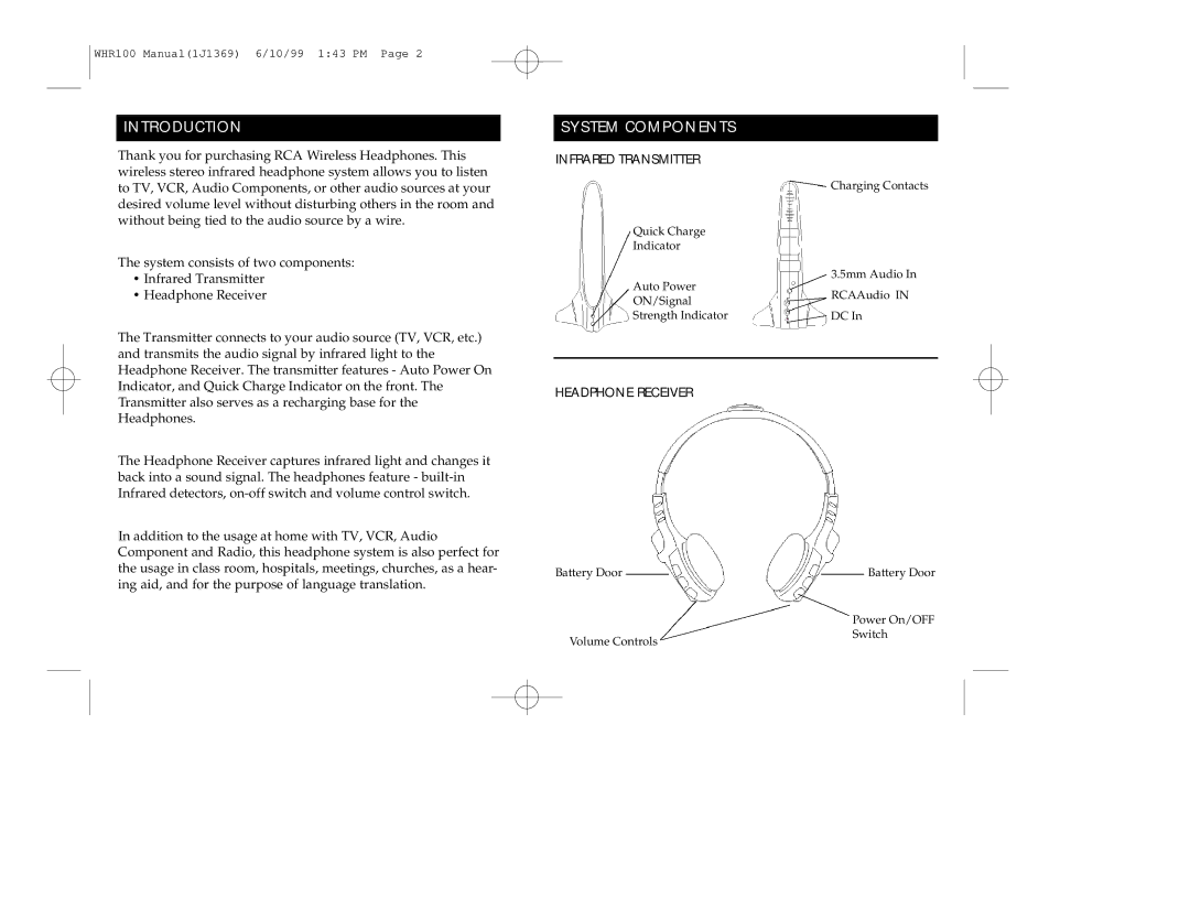 RCA WHR 100 manual Introduction, System Components 