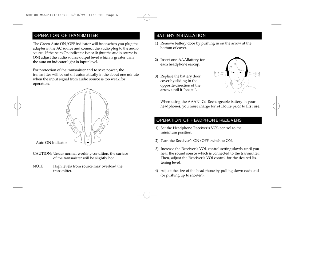 RCA WHR 100 manual Operation of Transmitter, Battery Installation, Operation of Headphone Receivers 