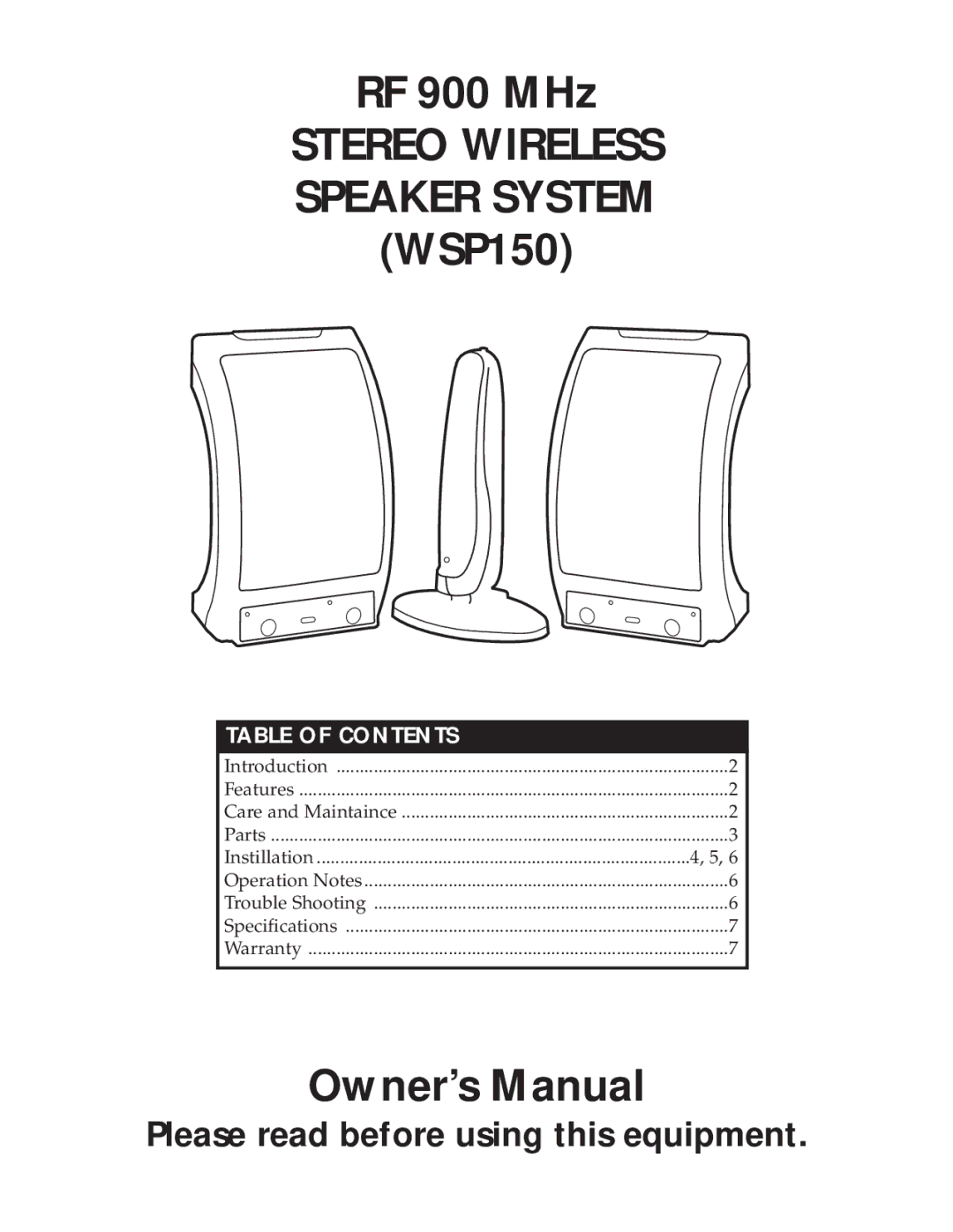 RCA WSP150 owner manual RF 900 MHz, Table of Contents 