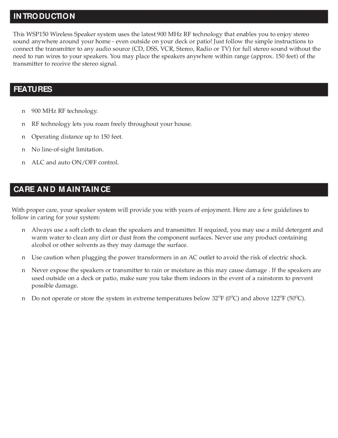 RCA WSP150 owner manual Introduction, Features, Care and Maintaince 