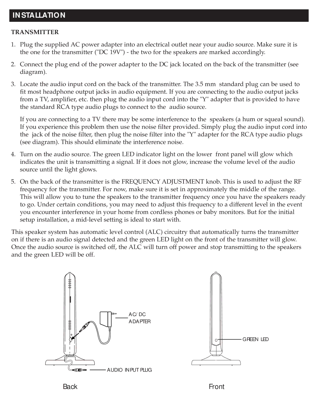 RCA WSP150 owner manual Installation, Transmitter 