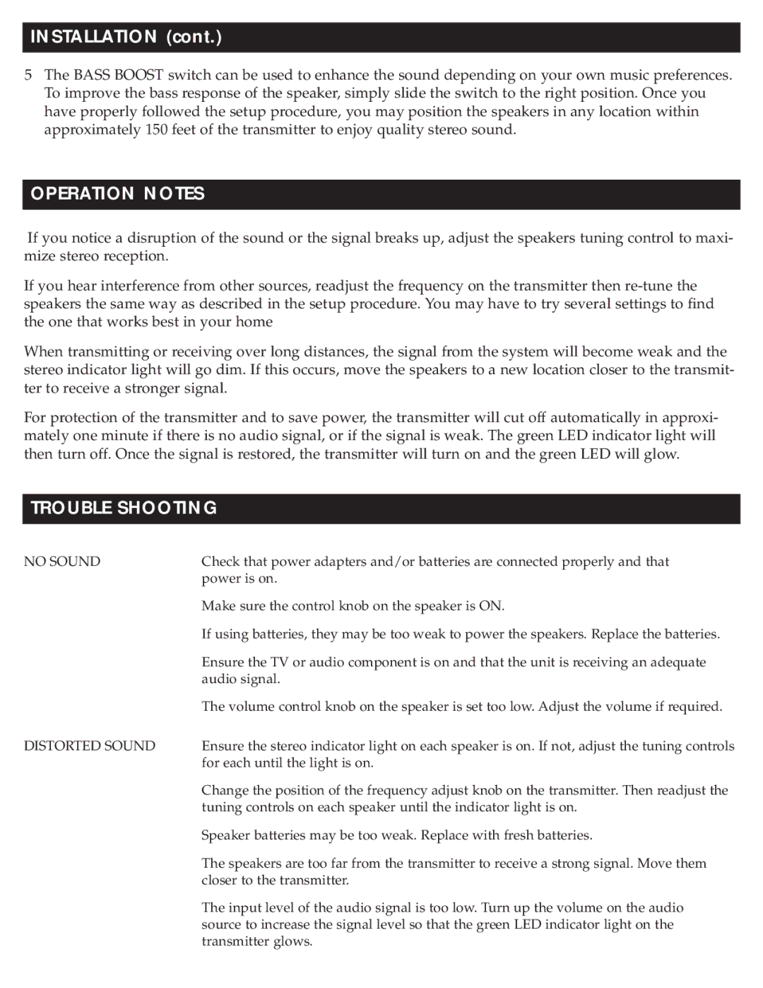 RCA WSP150 owner manual Operation Notes, Trouble Shooting 