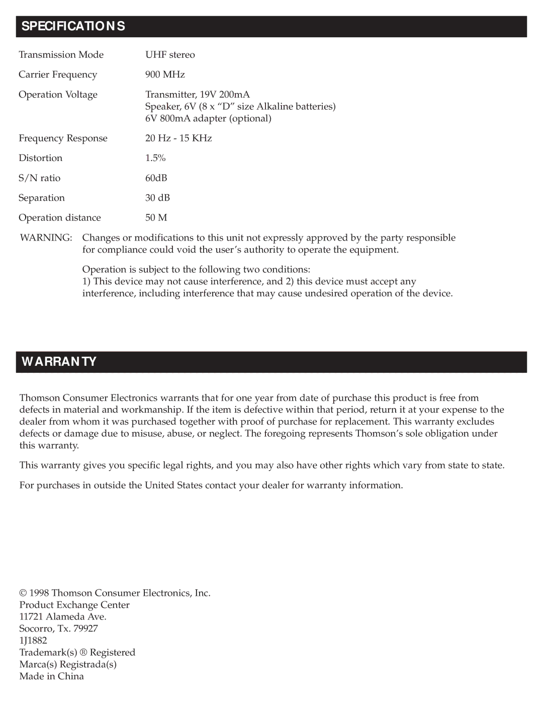 RCA WSP150 owner manual Specifications, Warranty 