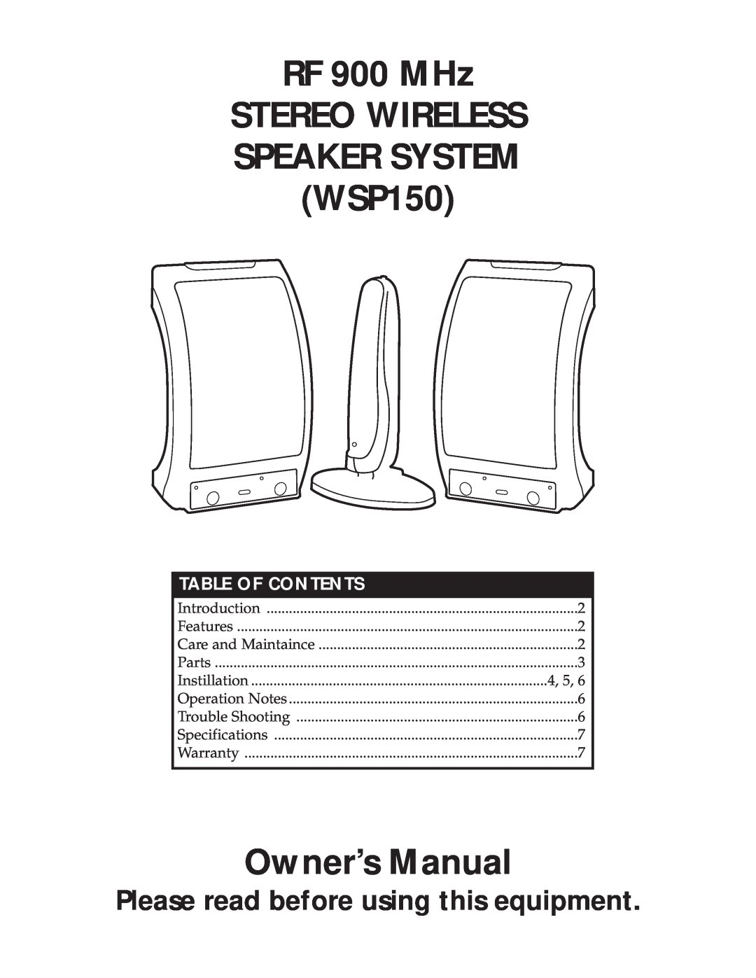 RCA owner manual Table Of Contents, RF 900 MHz, STEREO WIRELESS SPEAKER SYSTEM WSP150 