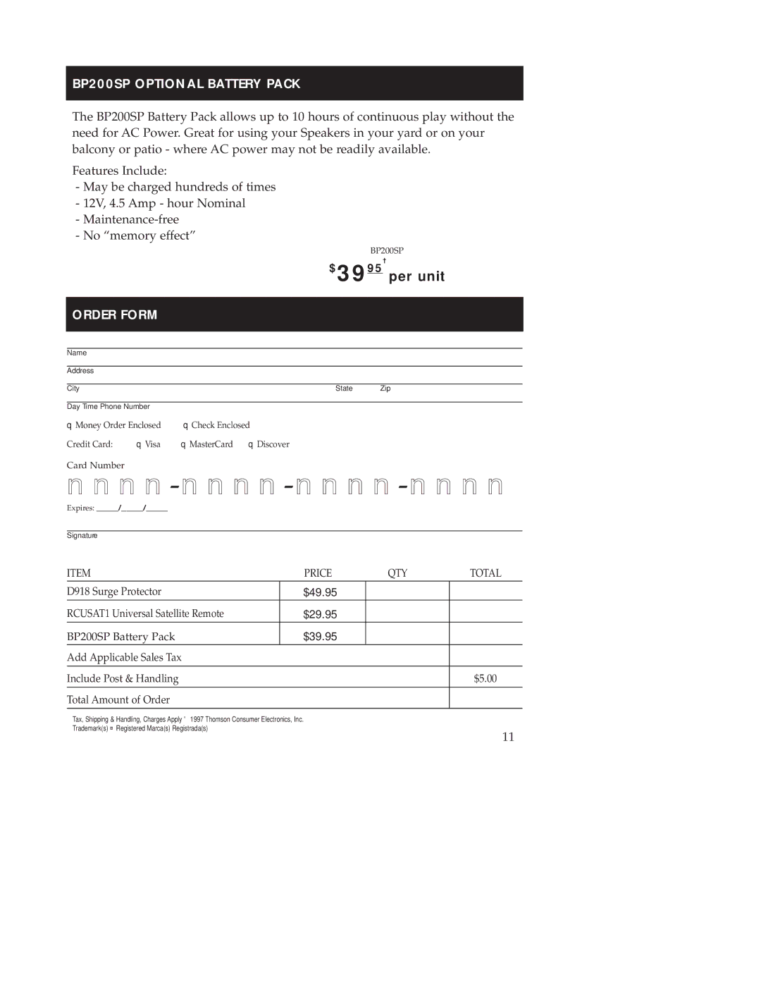 RCA WSP200 manual BP200SP Optional Battery Pack, Order Form 