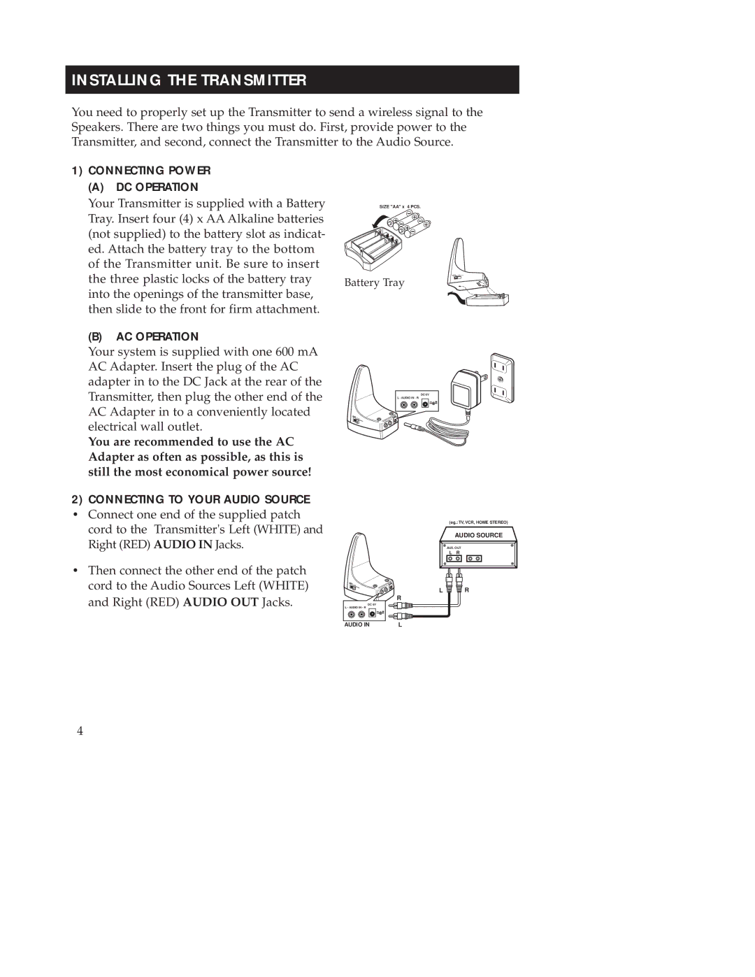 RCA WSP200 manual Installing the Transmitter, Connecting Power DC Operation, AC Operation, Connecting to Your Audio Source 