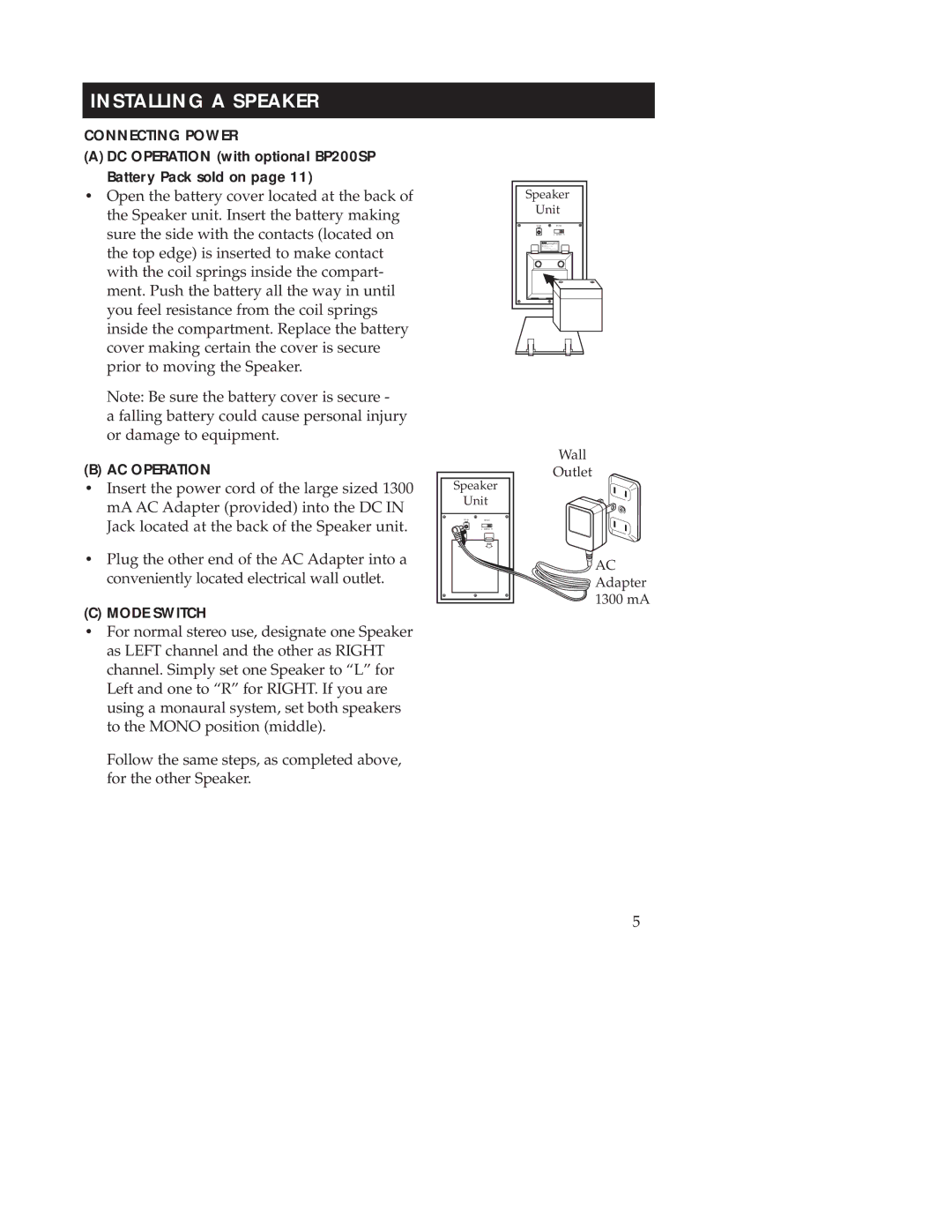 RCA WSP200 manual Installing a Speaker, Connecting Power, Mode Switch 