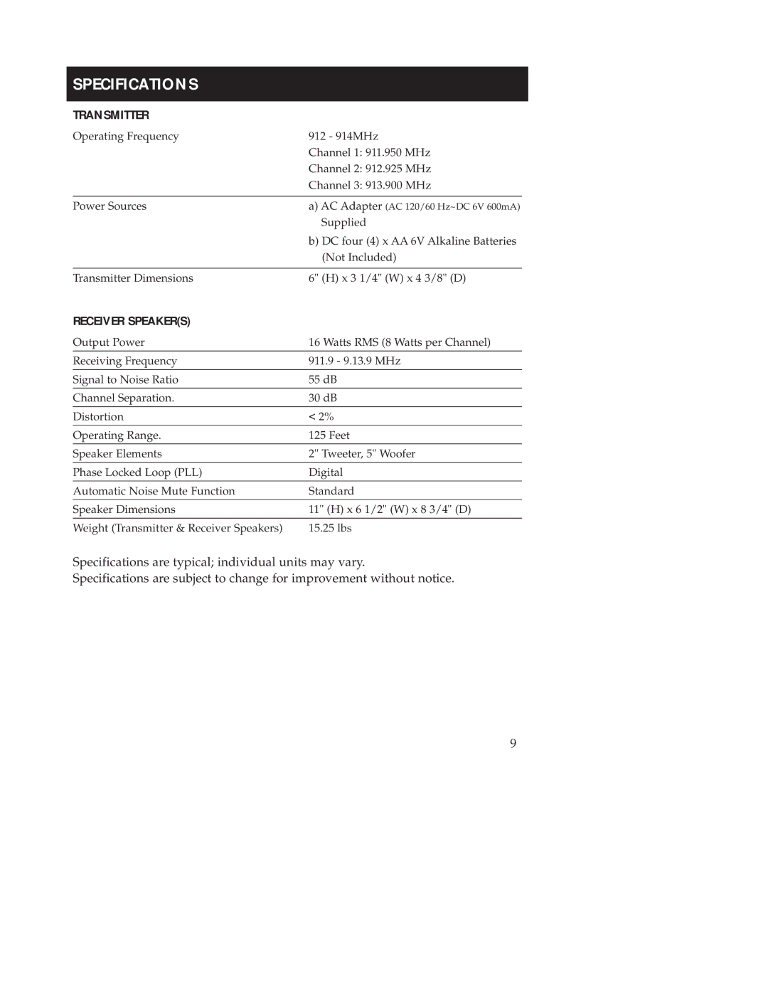 RCA WSP200 manual Specifications, Receiver Speakers 