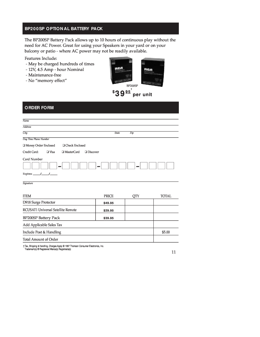 RCA WSP200 manual BP200SP OPTIONAL BATTERY PACK, Order Form, $3995per unit 
