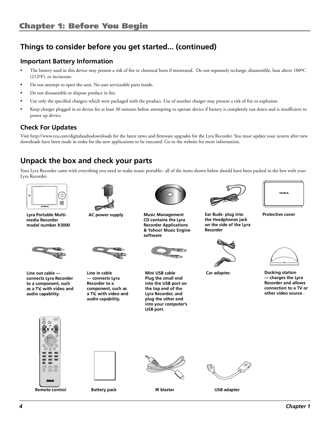 RCA X3000 manual Unpack the box and check your parts, Important Battery Information, Check For Updates 