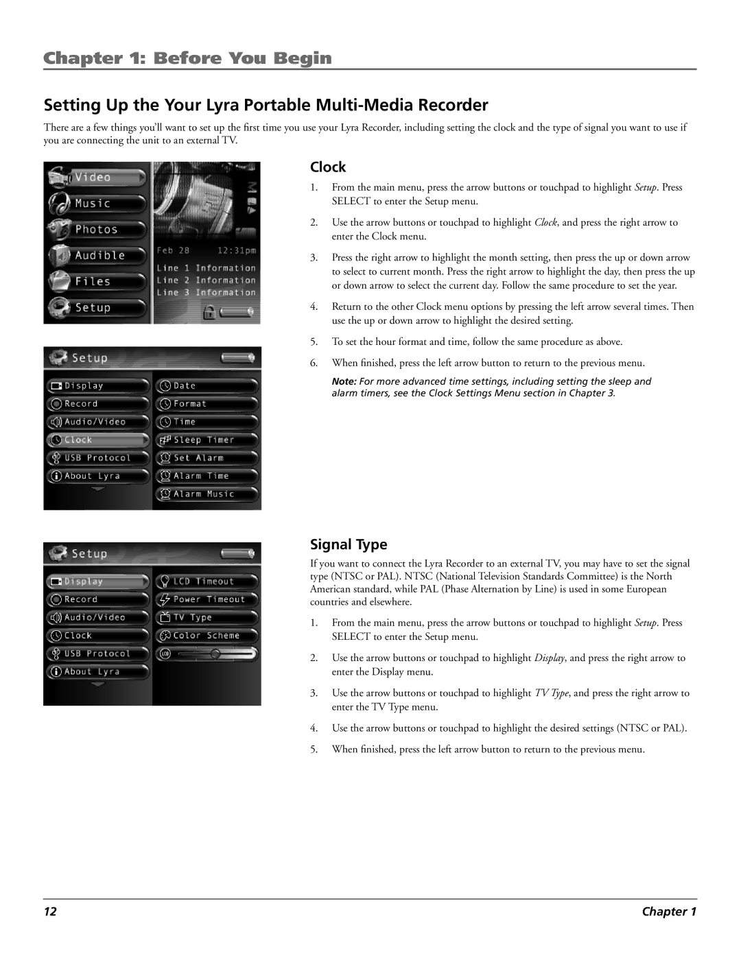 RCA X3000 manual Setting Up the Your Lyra Portable Multi-Media Recorder, Clock, Signal Type 