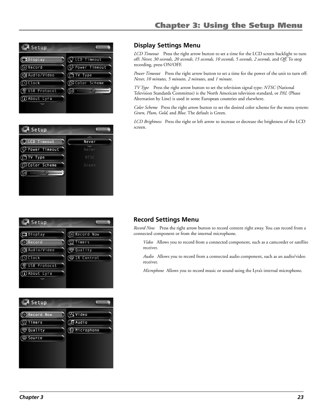 RCA X3000 manual Display Settings Menu, Record Settings Menu 